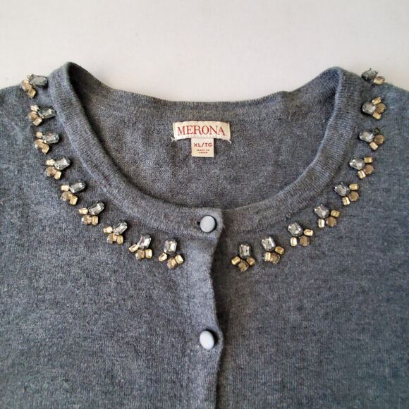 Jeweled Neckline Gray Button-Up Cardigan Sweater Merona Size XL Preppy Holiday - Picture 3 of 7